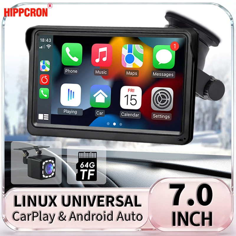 HIPPCRON Multimedia Video Player 7 Inch Wireless Carplay Android Auto Portable IPS Touch Screen Car Radio TF Reversing Image