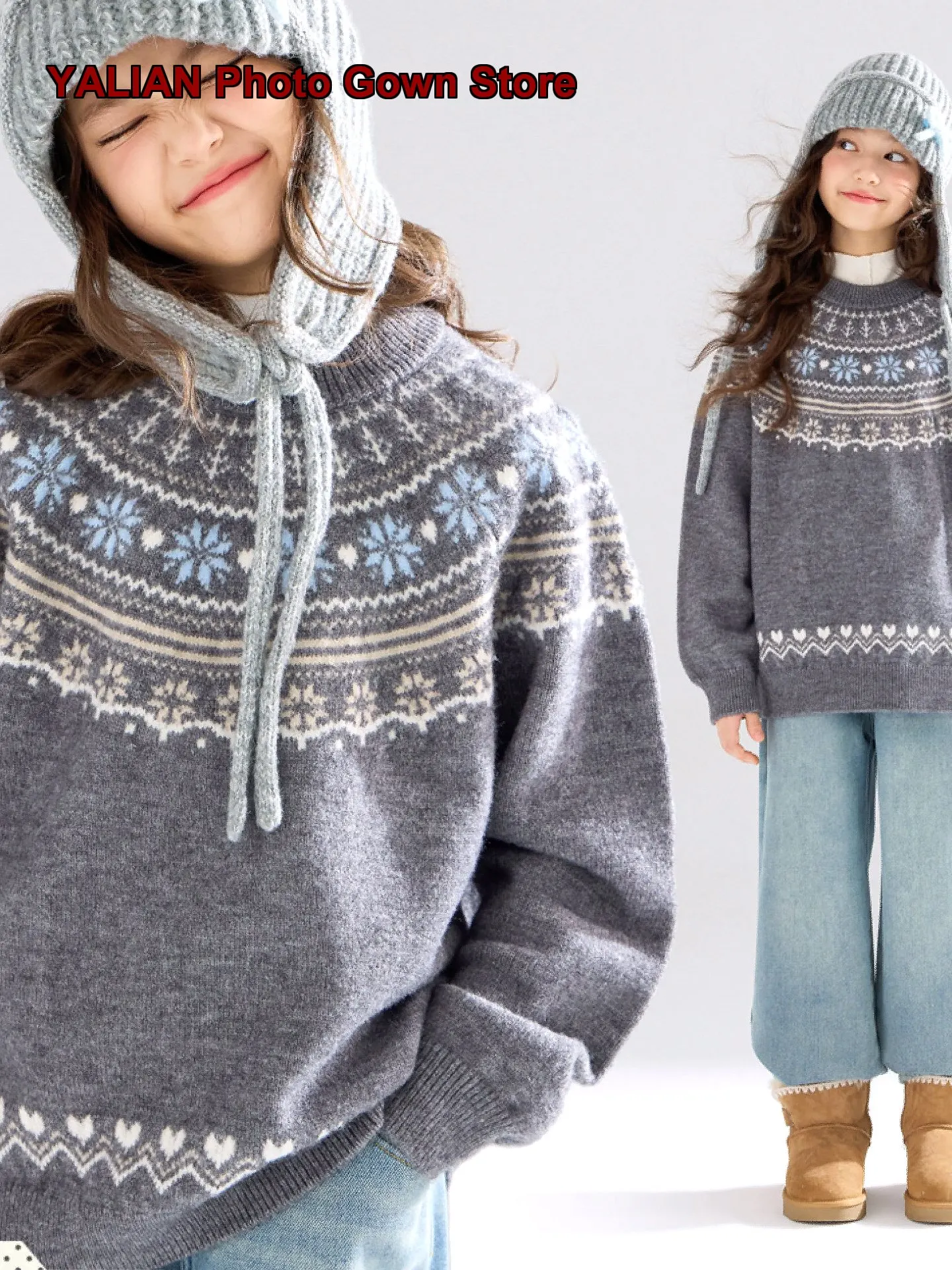 [Fair Isle Snow Night] Pattern Warm Anti-Pilling Knit Top Girls Winter New