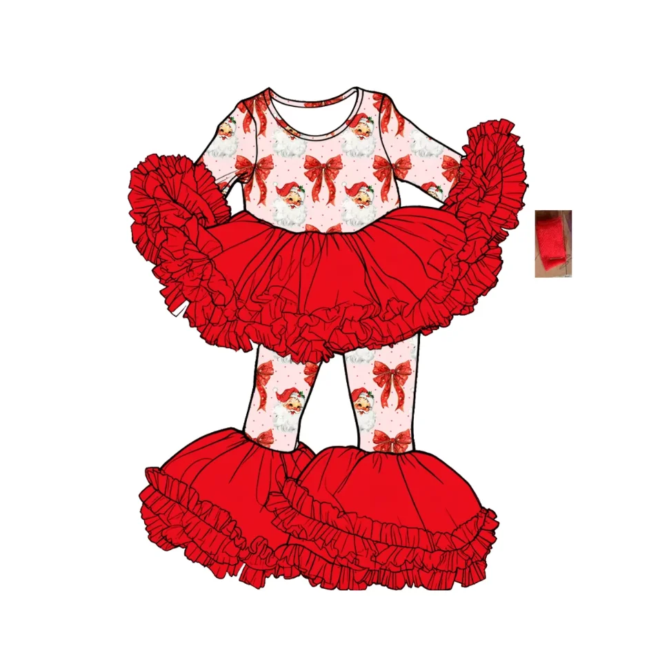 New Baby Girl Pink Tutu Outfit Ruffled Mesh Bell Pants Set Santa Claus Floral Print Long Sleeve Children Christmas Clothing