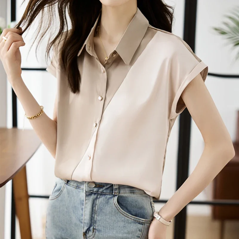 

Summer New Women Tops Short Sleeve Turn Down Collar Contrast Color Satin Blouse Office Lady Cardigans Shirt Clothes Blusas 27914