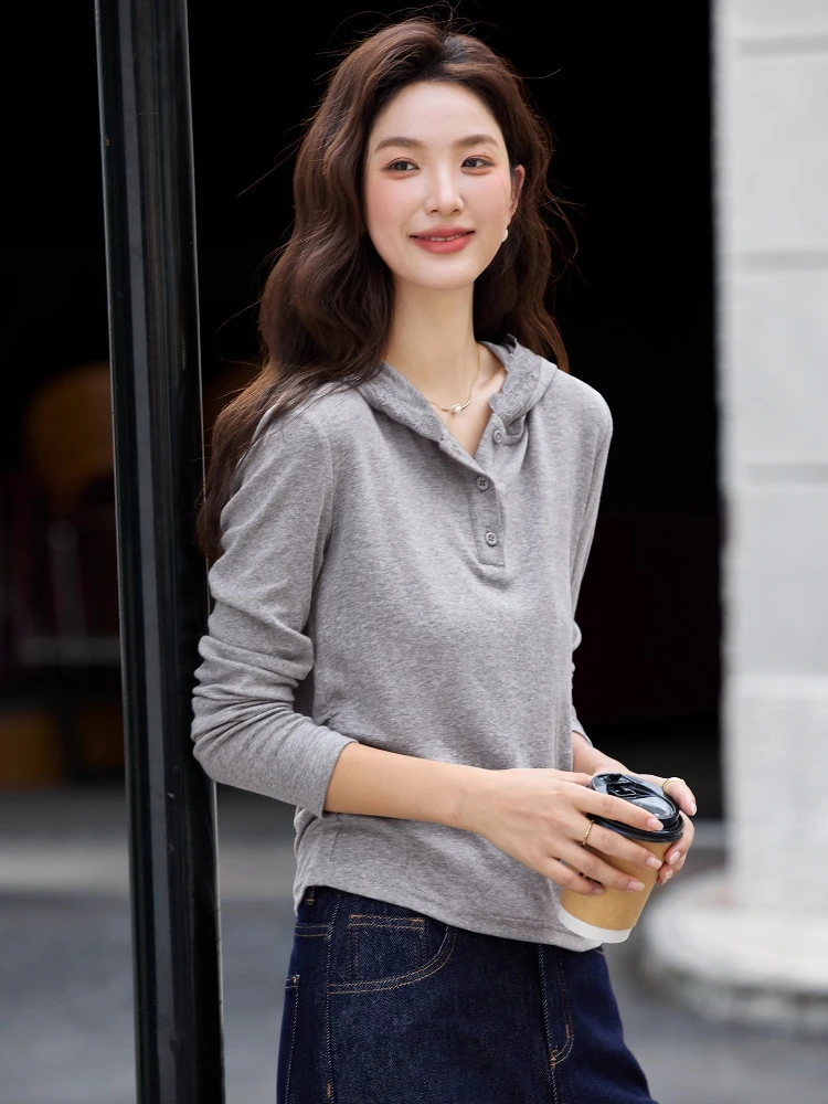 

VIMLY Long Sleeve Knitted T-shirt Autumn 2025 Woman Casual Solid Lace Hooded Slim Ruched Button Female Tees Women Clothes A1985