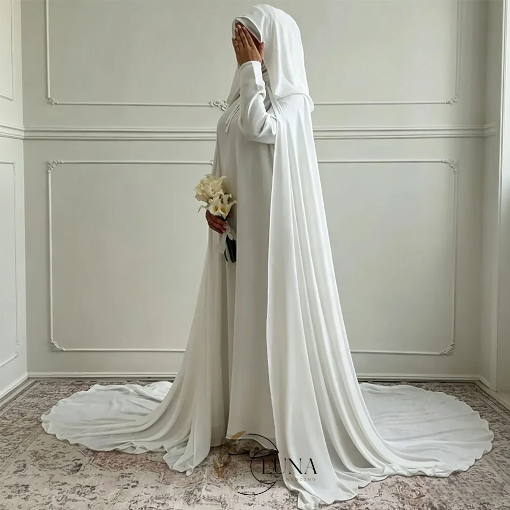 Luna Maßgeschneiderte Elegante Chiffon Muslimische Hochzeitskleider 2026 Neu Langärmeliges Brautkleid mit Umhang Schlichtes Braut-Abendkleid