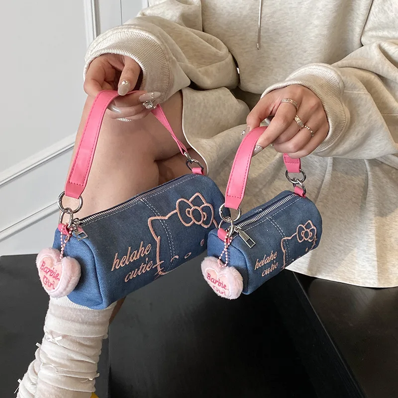 

Sanrio Hello Kitty сумка через плечо для женщин джинсовая сумка цилиндрическая сумка легкая портативная прочная роскошная дизайнерская сумка