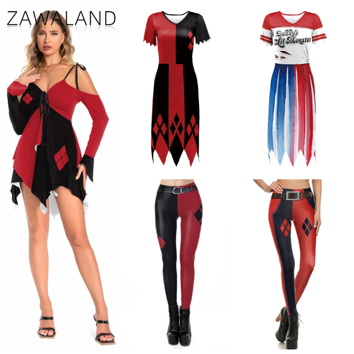 

Halloween Clown Women Cosplay Costume Sexy Lace-up Dress Backless Sundress Female Carnival Tight Leggings One-Piece Beach Skirts