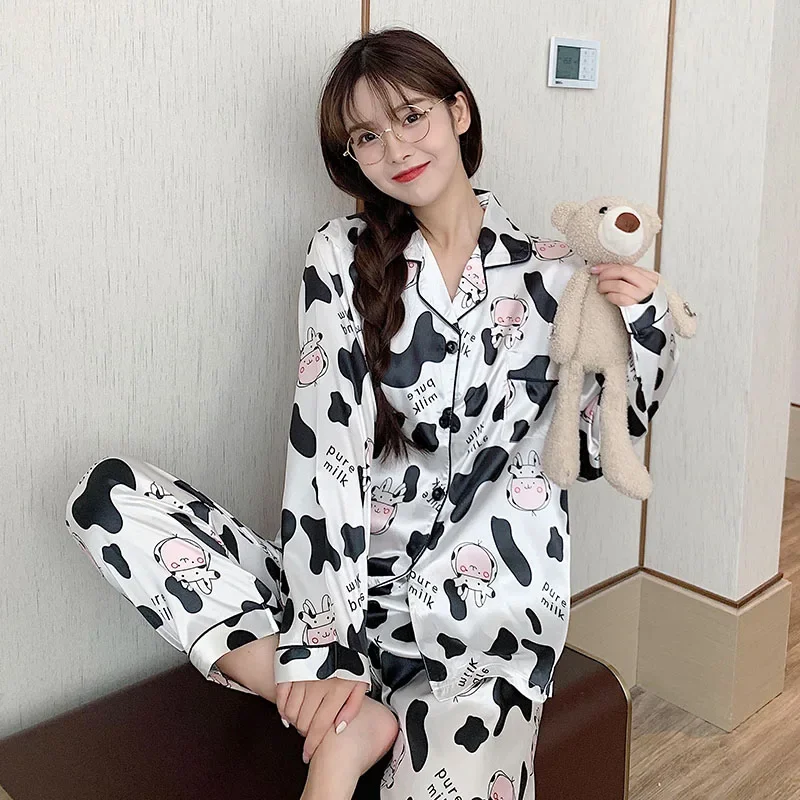 Women Sleepwear spring Pajamas Set for women Fake Silk Print Sweet Pijama Set Girl Nightgown Loose Waist Long Pant Silk Pajamas