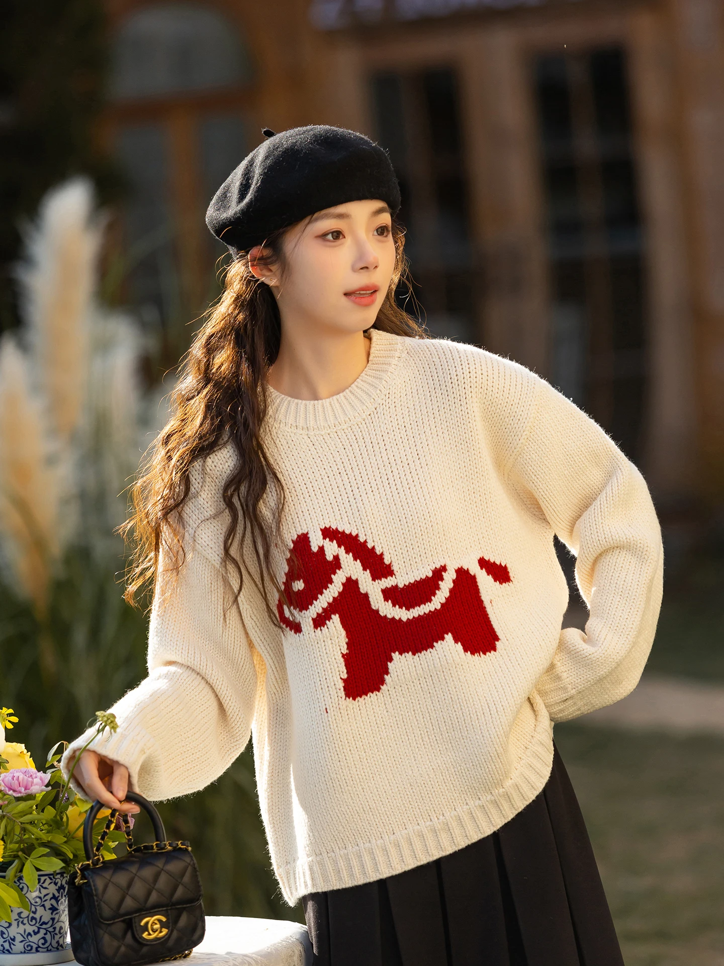 

Soft Thiened Red Knitted Sweater Winter Inner Wear for Women Cute Pattern Commute Sle Loose Fit round Ne Top