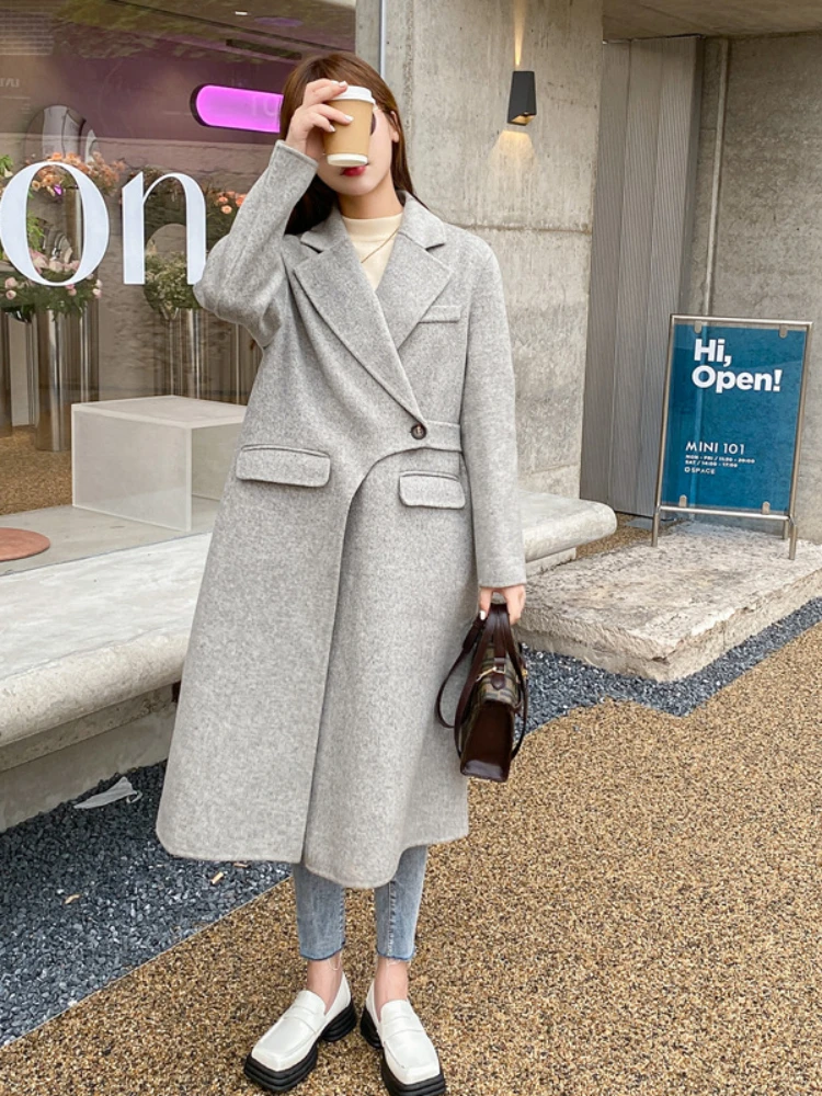 

MENINA BONITA 2023 Fashion Single Button Winter Women Coat Double-sided Wool Blends Cashmere Solid Loose Warm Luxury Streetwear