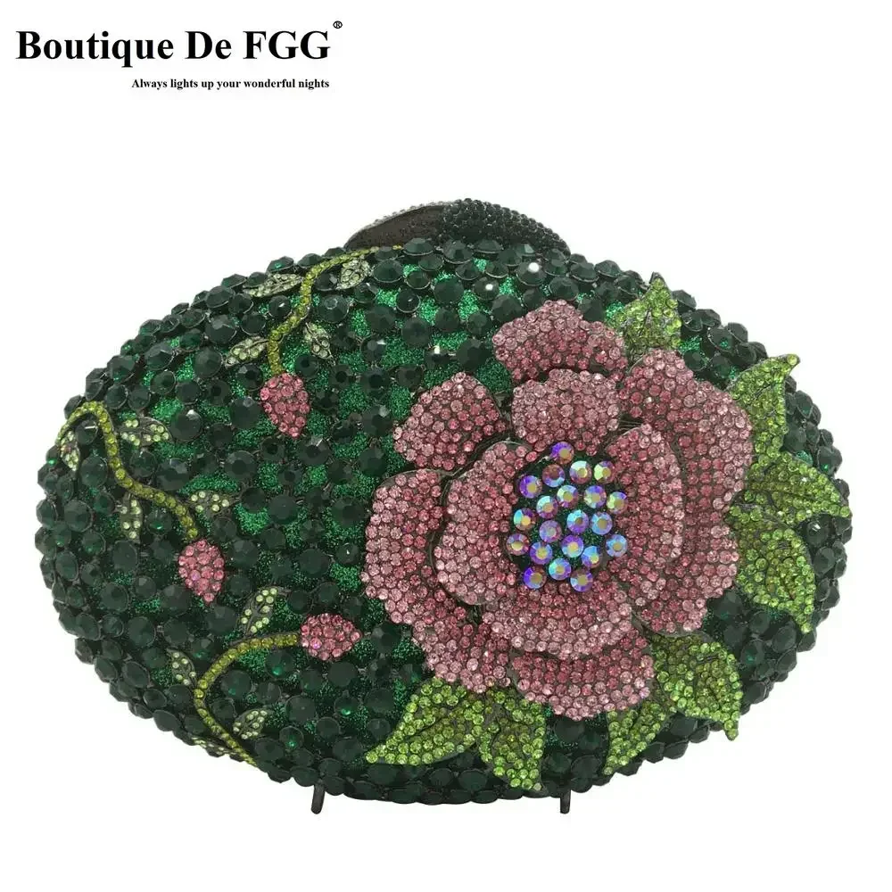 Boutique De FGG (w magazynie) szmaragdowo-zielone kobiety kryształowy kwiat torebki wieczorowe przyjęcie koktajl z kryształu górskiego Minaudiere torebki