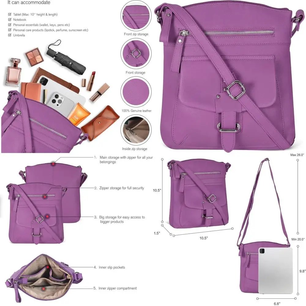 

Adjustable Strap Women's Medium Crossbody Leather Bag - Crossover Shoulder Handbag Purses