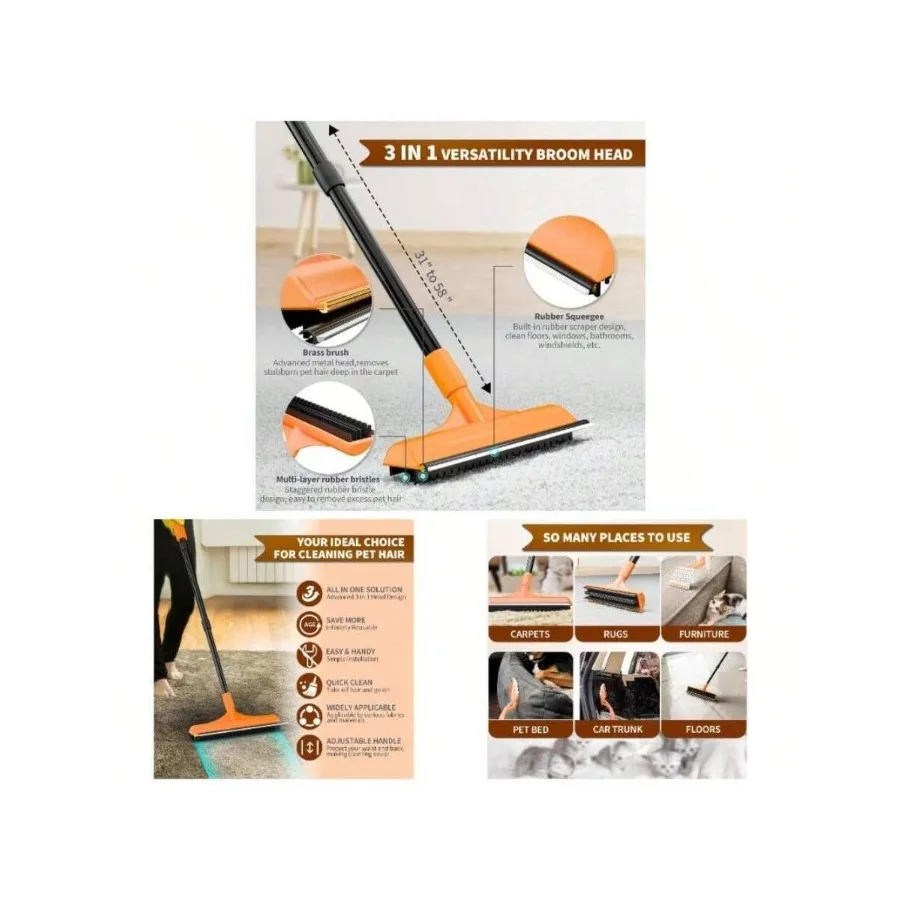 

【New Arrival】3-in-1 Pet Hair Removal Broom, Adjustable Handle Cleaning Brush for Carpets and Floors