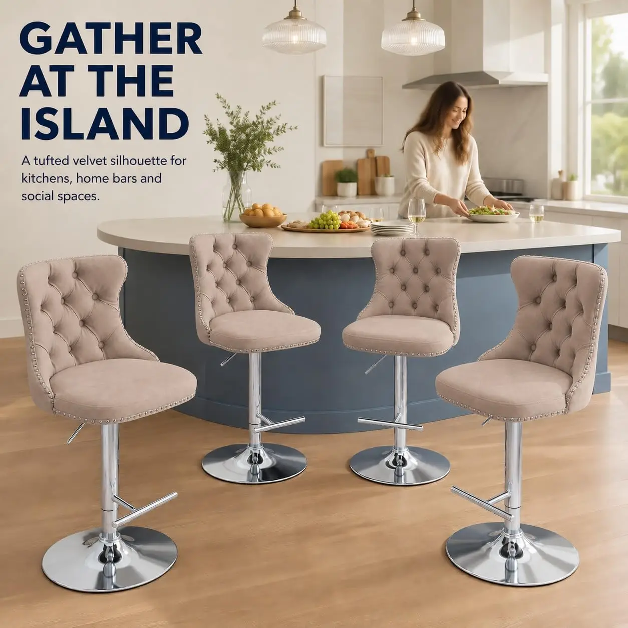 Velvet Bar Stools 6 Adjustable Swivel Counter Height Tufted Back & Nailhead Trim Kitchen Island Khaki Chrome, Customized - view 6