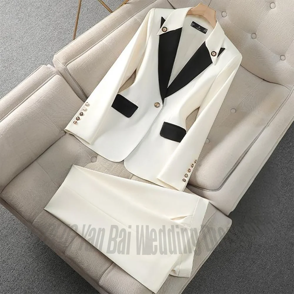 New Unique Women Pant Suit Contrast Color Modern Outfit One-Button Peaked Lapel Casual Fashion Daily Female Clothes Set 2 Piece