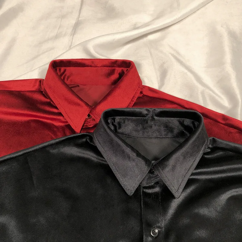 Velvet Red Clothes For Mens Burgundy Velour Shirts Mens Vintage Elegant Plush Blouse Black Mens Shirts Party Blusa Masculina