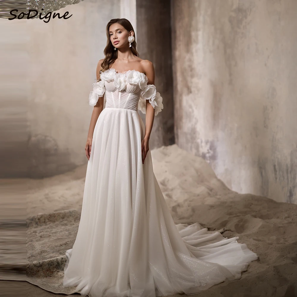 

SoDigne A-line Tulle Glitter Wedding Dresses Off Shoulder Beach Bridal Dress Long 2025 Wedding Gown Robe De Mairee ﻿Customized ﻿