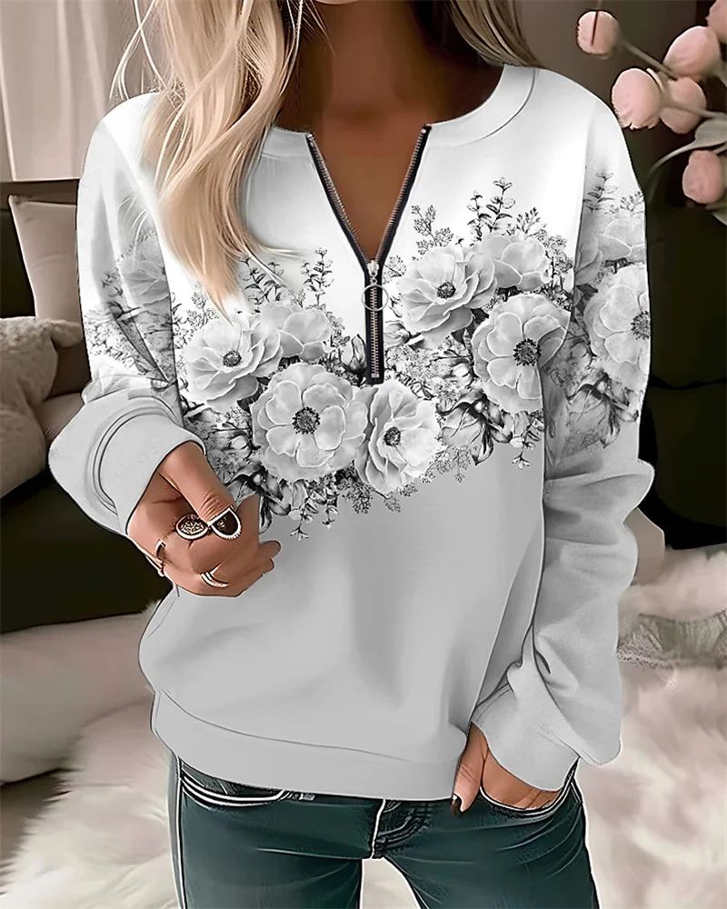 Fashion Print Women\'s Hoodies V-Neck Zipper Sweatshirt Female Harajuku Elegant Slim Long Sleeve Lady Tops Autumn Winter