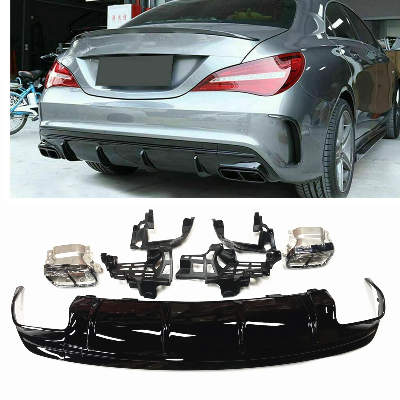 

For Mercedes Benz W117 C117 CLA Class CLA200 CLA45 AMG 2013-2019 Sport Rear Bumper Diffuser Lip+Exhaust Muffler Tip Pipe+Bracket