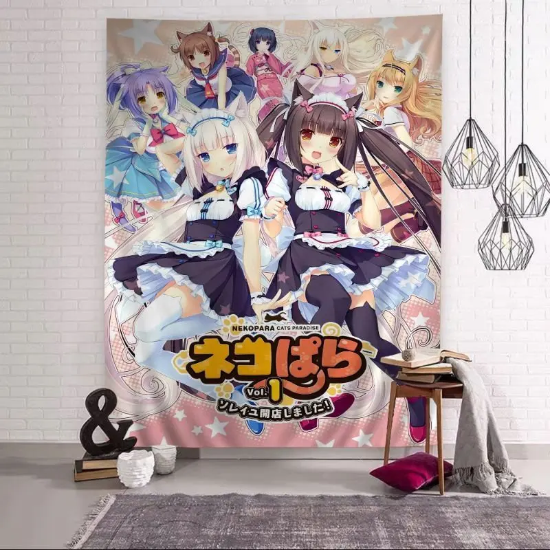 VIKAMA Anime Catgirl Maids Tapestry Wall Hanging Kawaii Pink Neko Ears Cute Japanese Illustration Aesthetic Wall Art Dorm Decor