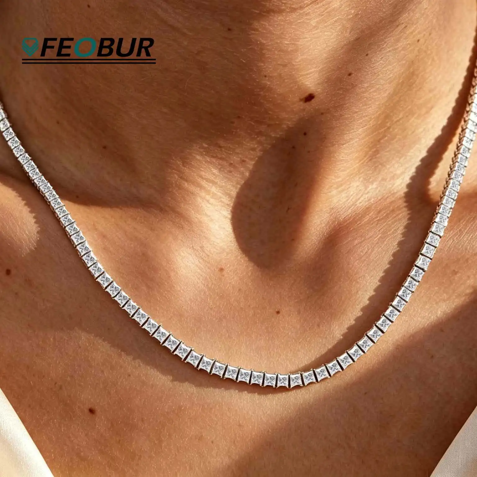Full 3MM Princess Cut Moissanite Tennis Necklace for Women Man 925 Sterling Silver Square Lab Diamond NeckChain Wedding Jewelry