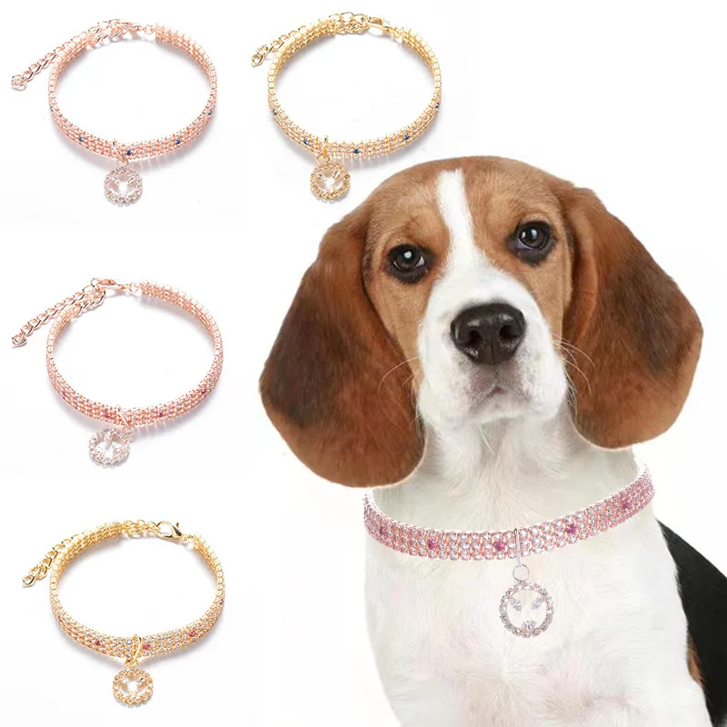 

Pet Supplies Colored Crystal NecklaceThree Rows Rhinestones Cat and Dog Jewelry High-end Breathable Rose Gold Necklace
