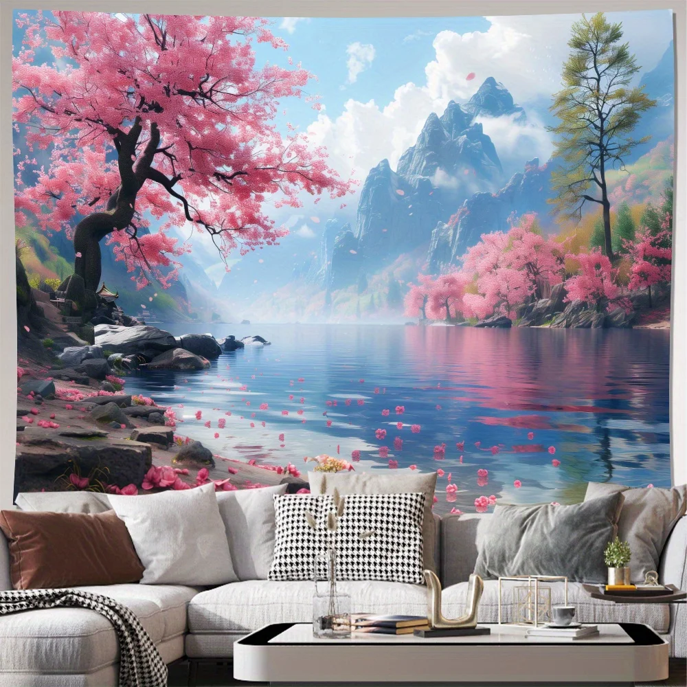 2D Flat, 1pc Japanese Cherry Blossom Landscape Wallpaper - Pink Sakura Floral & Mountain Scenery with Lake, Polyester Fabric Wal