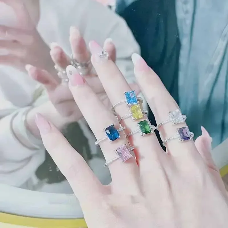 MDL Moissa!ite Style INS بسيط ملون قوس قزح سبليت اللون مستطيل مفتوح اليد حلقة سحرية #2