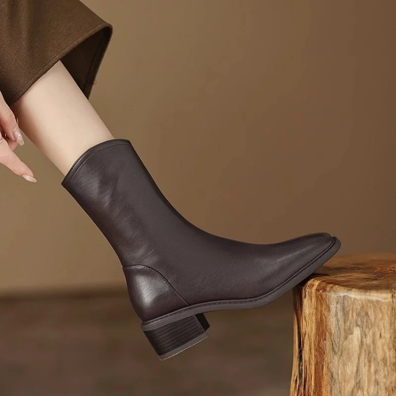 Botines de cuero con punta cuadrada para mujer, tacón ancho, cremallera lateral, estilo vintage, elegantes, botines cortos para mujer, calzado para el día a día.