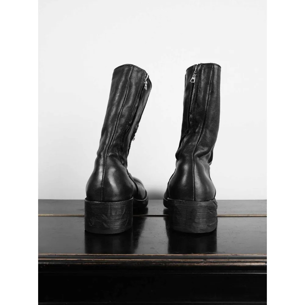Men's Vintage Black Genuine Leather Motorcycle Boots Mid-calf Side Zip Western Boots Designer Handcrafted Trendy Shoes