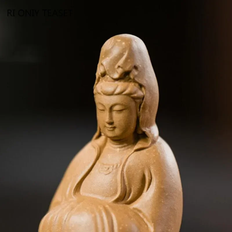 Chinese Yixing Sculpture Purple Clay Tea Pet Guanyin Buddha Statue Ornaments Handmade Tea Figurine Crafts Tea Set Decoration