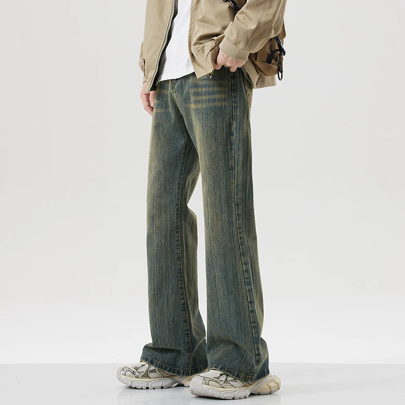 Autumn New Vintage Jeans Men's Fashion Distressed Personality Straight Wide Trousers Male Streetwear Straight Denim Pants