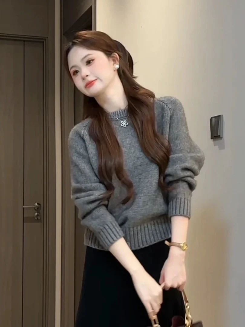 سترة نسائية من Retro Enn Round Ne ort متماسكة لطيفة كورية بسيطة للخريف والشتاء مطابقة الجزء العلوي من الجسم