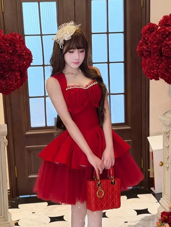 

Elegant Atmospheric Princess Red Evening Dresses French High-end Ballet-style Fashion Mini Dress Adult Birthday Dress for Women