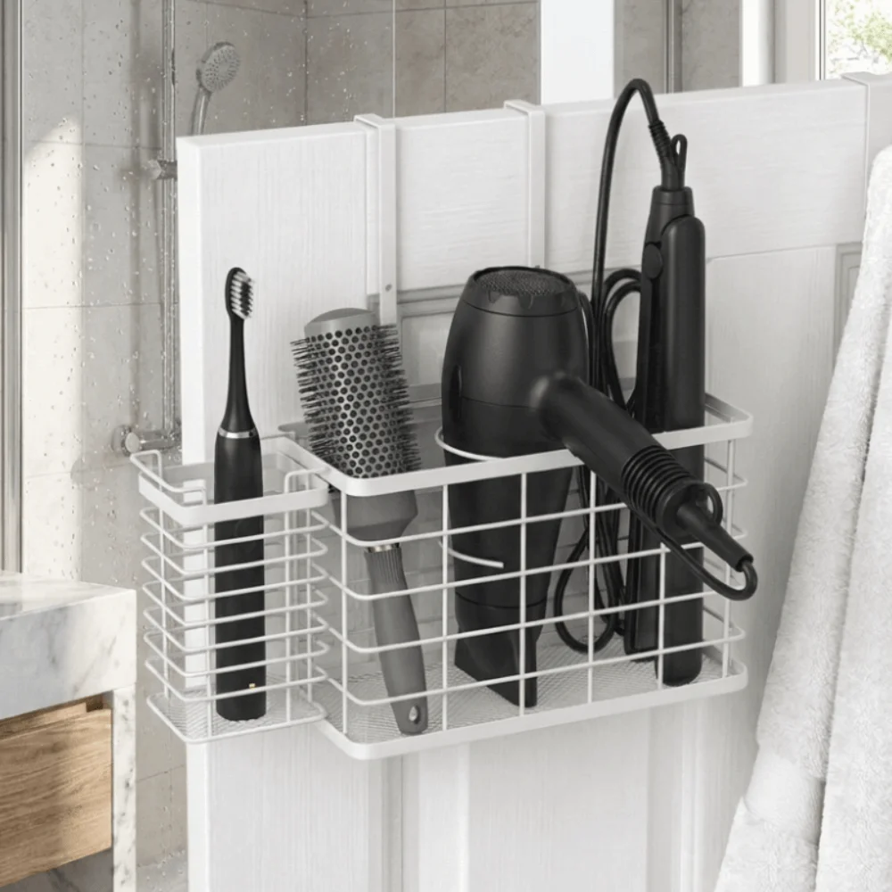 Adjustable Door Rear Storage Rack Wall Mounted Metal Hair Dryer Holder Space-Saving Cabinet Door Hanging Hair Tool Organizer