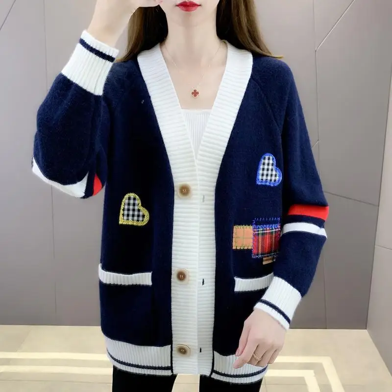 

Women's Fashion Patchwork Loose Warm Wool Knitted Cardigan Autumn Winter Vintage Jacquard Chic Button V-neck Commute Sweaters