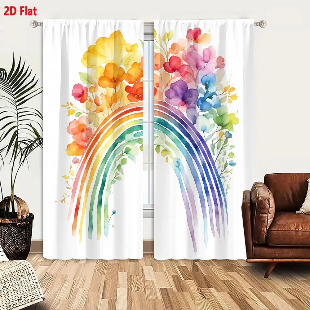 2Pcs Curtains 2D Flat Watercolor Illustration Vibrant Rainbow Arching Downward With Colorful Flowers Foliage On White Background