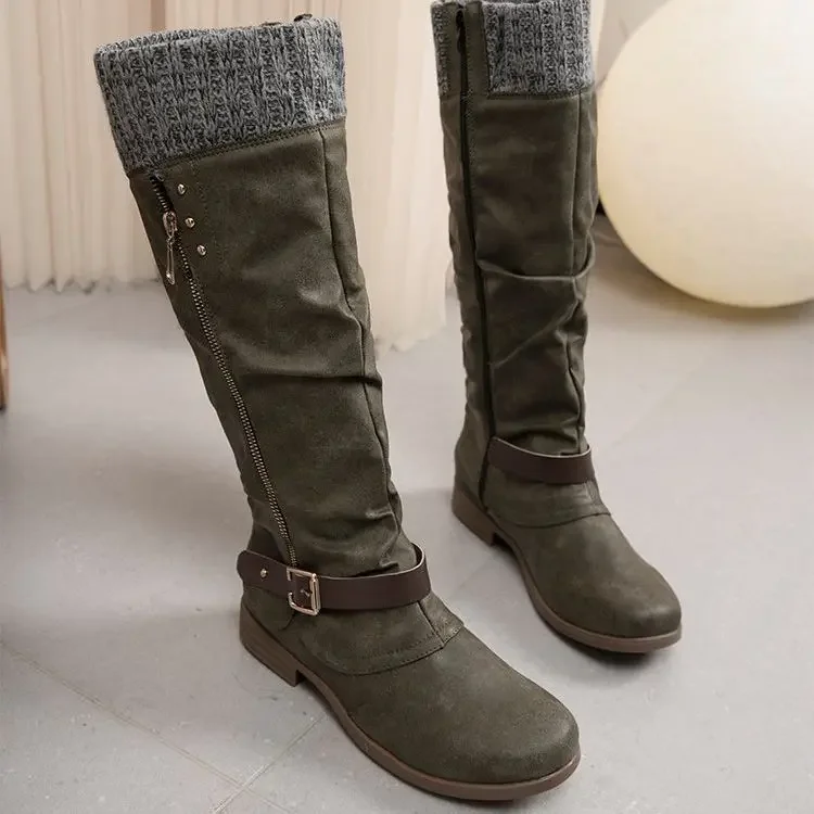 Shoes for Women Autumn Winter Women Boots Leather Plus Size Side Zipper Knee High Boots Low Heel Knight Botas Zapatos De Mujer