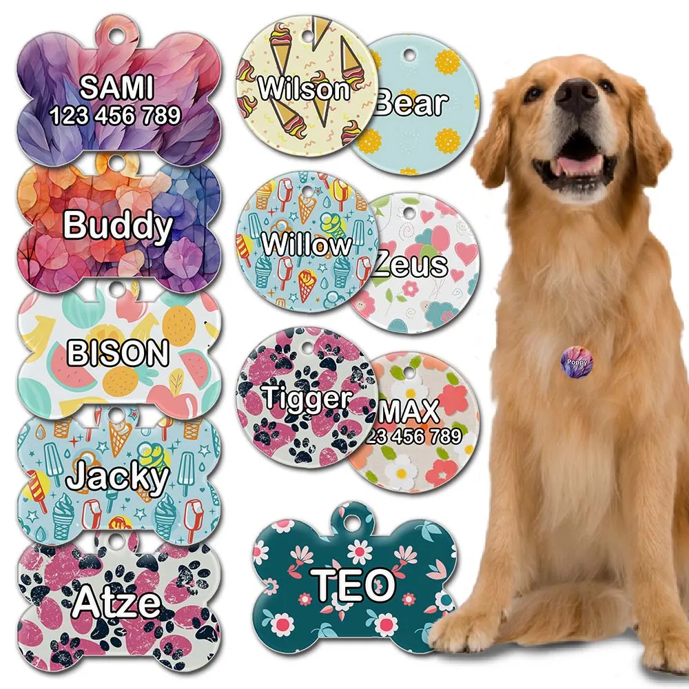 Personalized ID Tag Bone Round Pet Tag Custom Name Address Telephone Small Dog Colorful Tag for Puppy Kittens