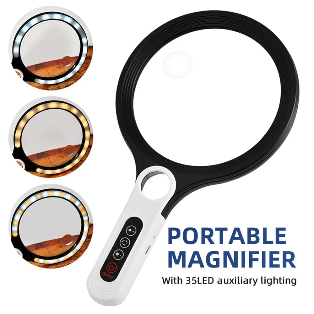 

Portable Magnifier Three Color Led Light Brightness Adjustment 135mm Large Lens Handheld Magnifying Glass For Reading Repair