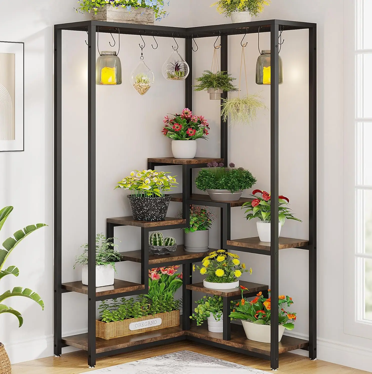 70.9 Inches Tall Corner Plant Stand, Industrial 8-Tier Indoor Corner Plant Shelf with 10 -Hooks, Large Metal Plant Display Rack