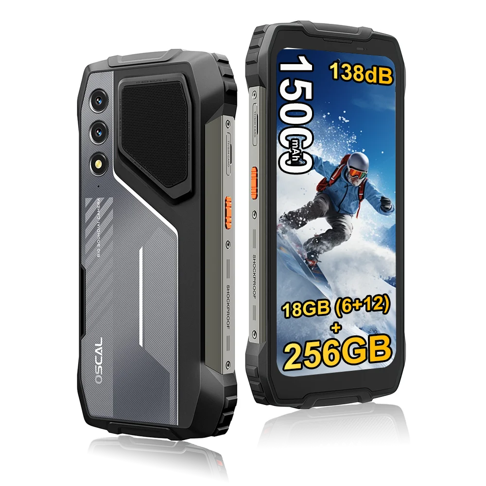 Oscal Pilot 1 18GB(6+12)+256GB Smartphone Robuste Android 14 15000mAh Charge Rapide 33W 6,67" 50MP Lampe Torche Double Haut-parleur 138dB