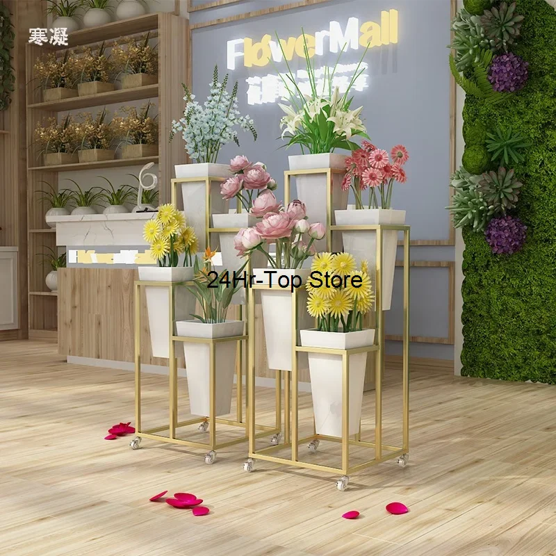 Nordic Flower Shop Flower Bucket Multi Layer Display Plastic Flower Bucket Ladder Movable Shelf Flower Rack Gold Plant Stand