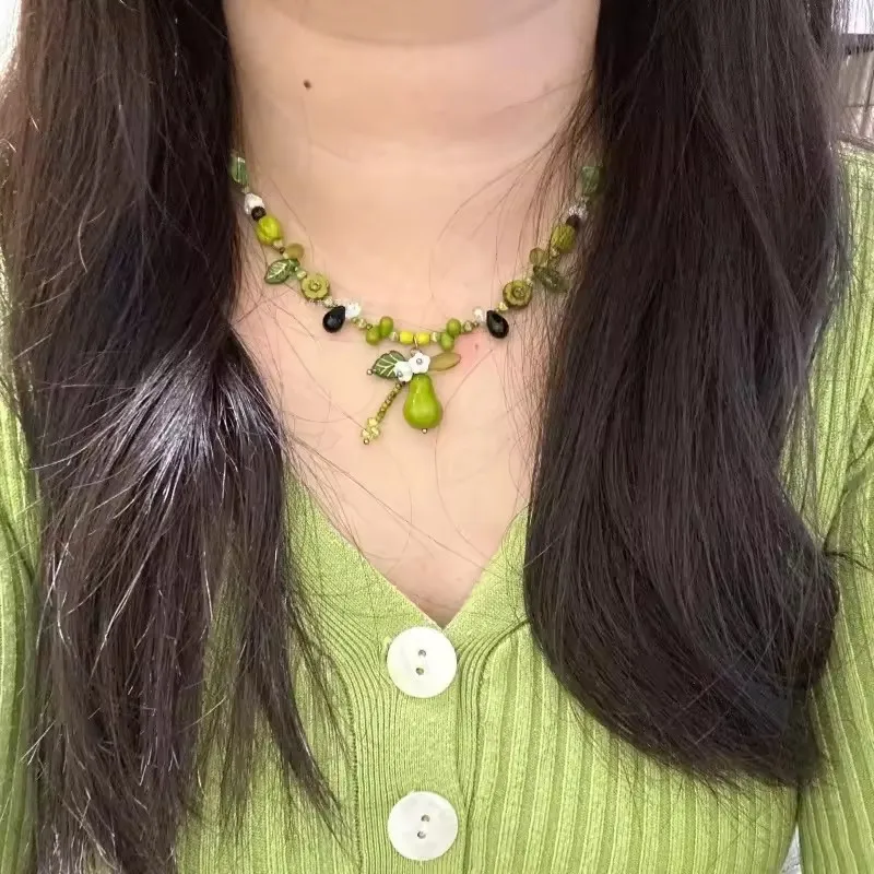 Nowy Modny Boho Uroczy Zielony Ceramiczny Szklany Naszyjnik z Koralikami Owoców i Kwiatów dla Kobiet Dziewcząt Letnia Biżuteria Harajuku z Zawieszkami