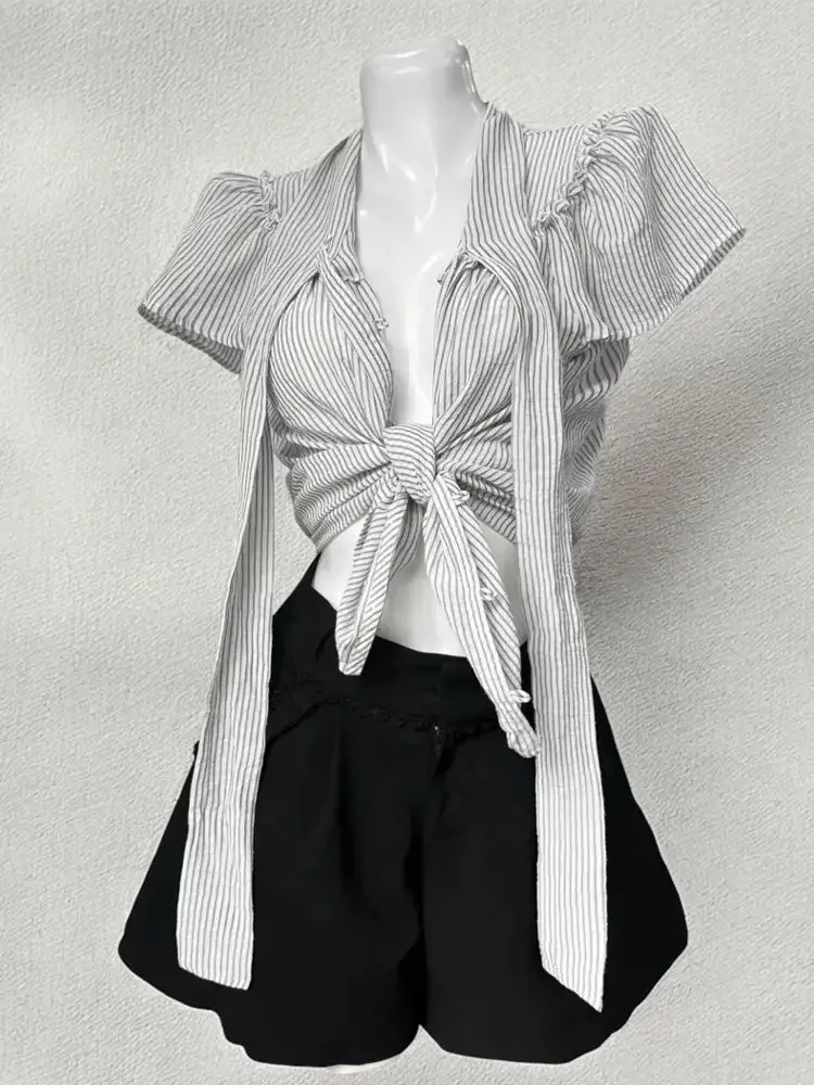 Japanese Gothic Vintage Summer 3-Piece Set Women's Hight Waist Shorts+Stripe T-Shirt+Vest Harajuku 2000s Grunge Streetwear Suit