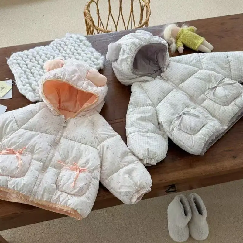 Toddler Baby Girls Hooded Padded Jacket Autumn Winter Windproof Warm Quilted Cotton Coat Kids Outerwear 90-130cm