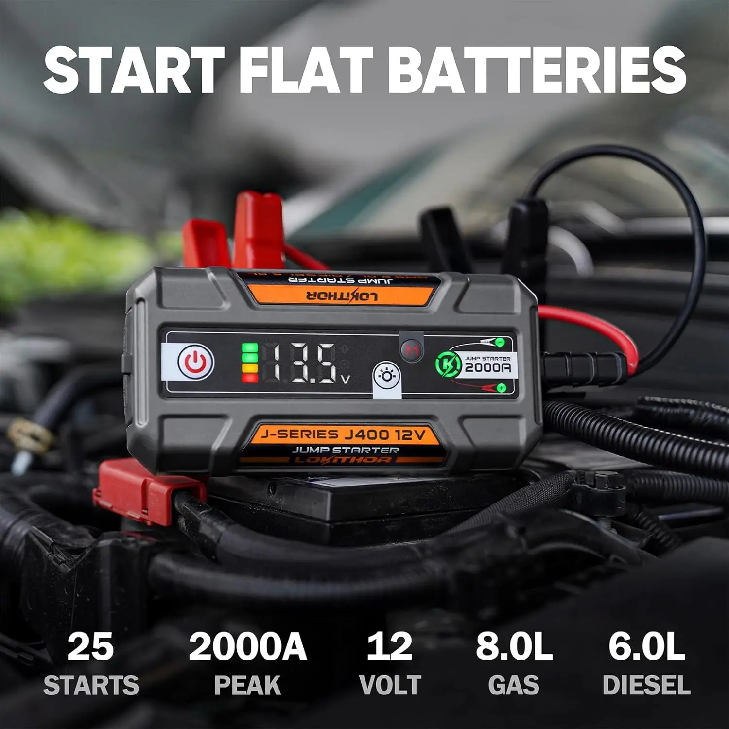 เครื่องช่วยสตาร์ทรถยนต์แบบพกพา J400 2000A 12V ใช้แบตเตอรี่ลิเธียม พร้อมพอร์ต USB-C สำหรับชาร์จแบตเตอรี่ และสายจั๊มพ์สตาร์ท สำหรับเครื่องยนต์เบนซินสูงสุด 8.0 ลิตร และดีเซลสูงสุด 6.0 ลิตร