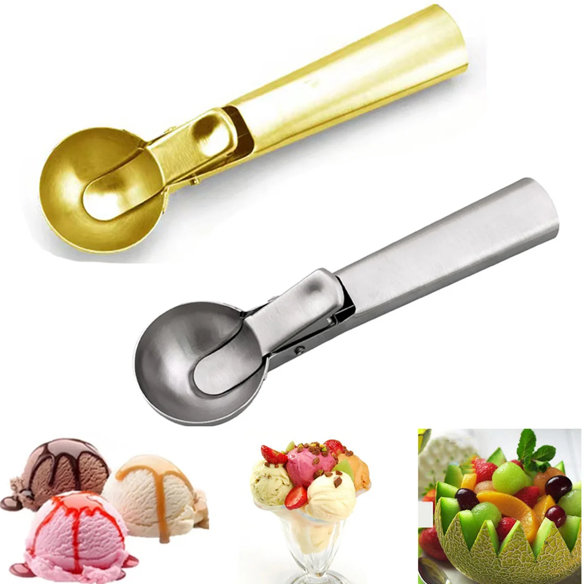 Ice Cream Spoon Scoops Stacked Stainless Steel Digger Fruit Non-Stick Spoon Kitchen Tools for Home Cake Gold Kitchen Utensils