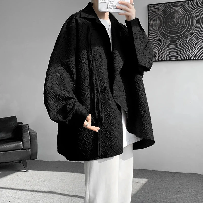 

INCERUN Мужская рубашка, однотонная текстурированная лацкана с длинным рукавом, свободная мужская одежда, уличная одежда в корейском стиле, модные повседневные мужские рубашки