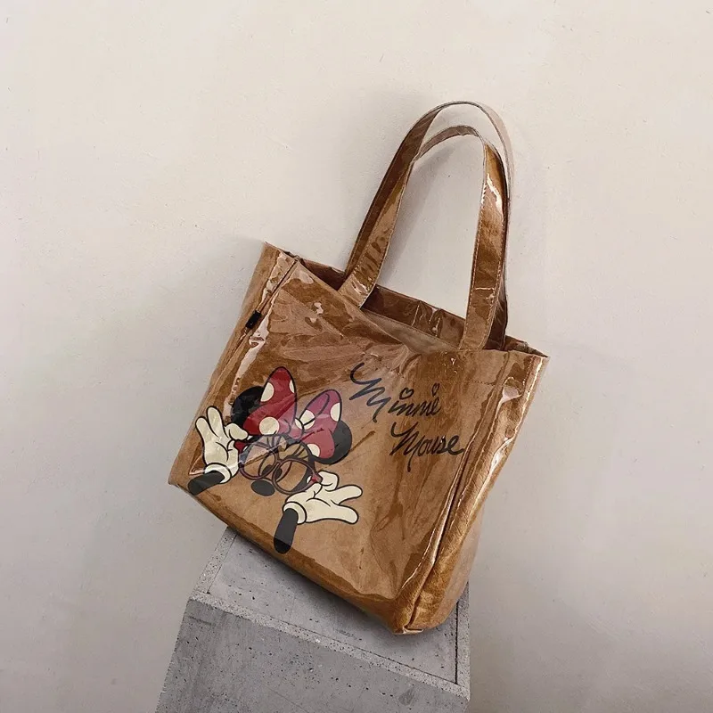 Disney\'s New Minnie Fashion Women\'s Handbag Cartoon Cute Women\'s Shoulder Bag PVC Kraft Paper Large Capacity Fashion Tote Bag