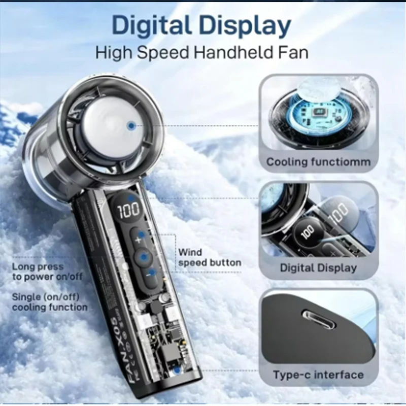 High Speed Cooling Fan USB Charging Portable Turbo Handheld Small Fan Ice Compress Transparent Handheld Fan Turbo Jet