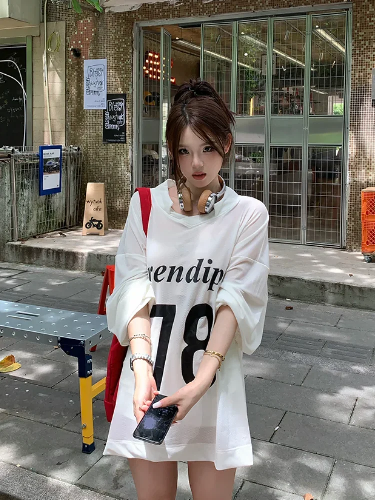 ADAgirl White Letter Print Long Sleeve T-shirts for Women Harajuku Vintage Summer Oversized Streetwear Korean Fashion Clothes