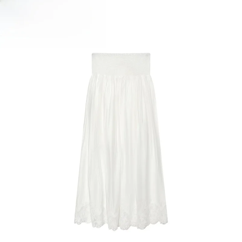 Fashionable Lace Trim Pleated  Skirt Women's Standard Fit A-Line Skirt Polyester Fiber Embroidered Detail mid Waist